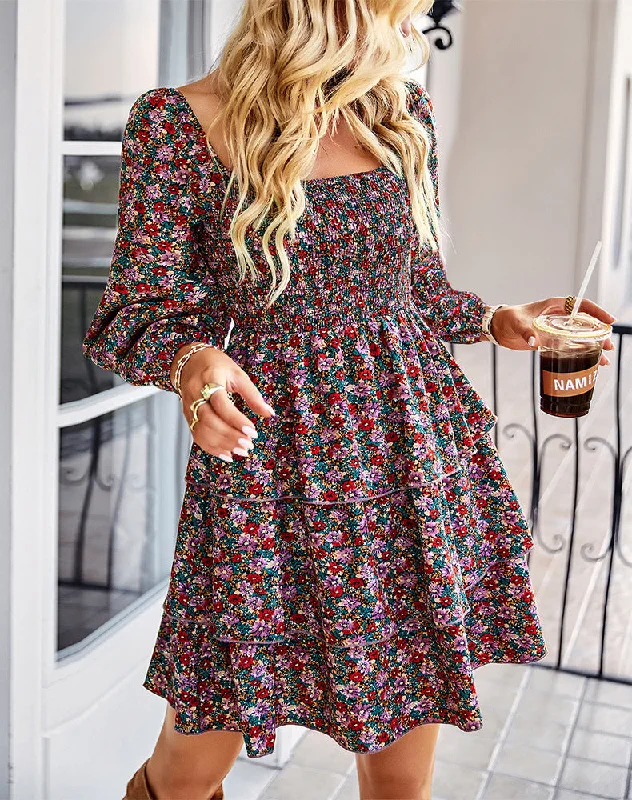 bridal party mini dressesSalma Smocked Floral Tiered Babydoll Dress
